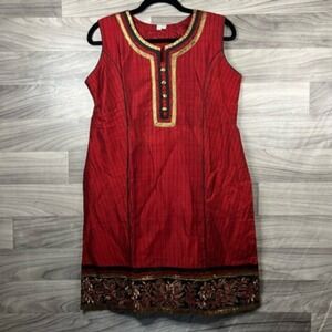 Womens Kurti Size M Red‎ Black Stripe Floral Sleeveless Embroidered Buttons Boho